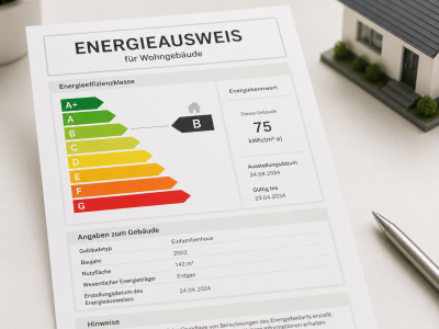 energieausweis für wohngebäude – energieeffizienzklasse b energieausweis für ein wohngebäude mit energieeffizientklasse b und kennwert 75 kwh pro quadratmeter und jahr